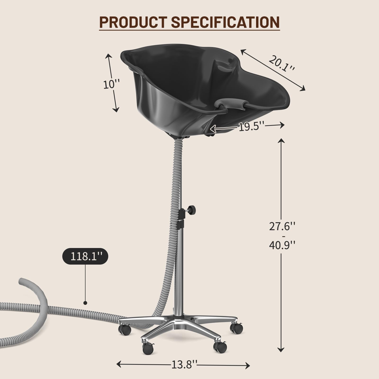 Antique White Height Angle Adjustable Portable Shampoo Basin Hair Washing Sink Shampoo Bowl for Home and Salon, 118.11” Drain Hose, Stainless Steel Base, Lockable Wheels