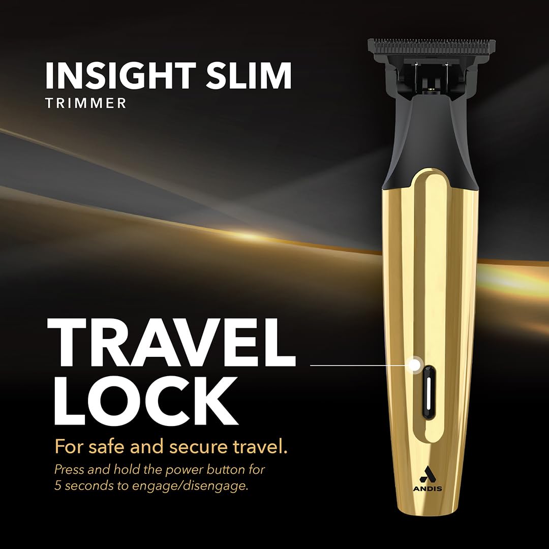Black Andis 562442 Insight Slim Cordless High Powered Rotary Motor Hair Trimmer, 9-Piece Kit, Stainless-Steel T-Blade, Lithium-Ion Battery, Travel Lock, Gold