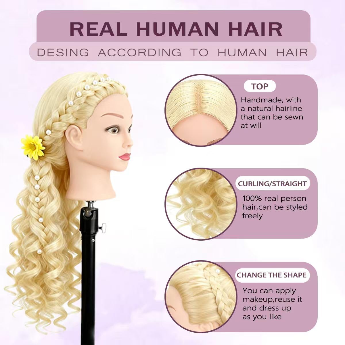 White Smoke Mannequin Head with 80% Human Hair for Hair Styling Practice 26-28 Inch Straight Hair Training Head for Cosmetology Barber Hairdresser Students and Professionals (613)