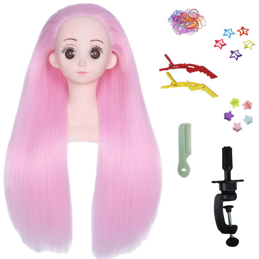 White Smoke Czrleaty Training Doll Head for Hair Styling, Cosmetology Mannequin Head with Pink Hair for Kids Practice Braiding