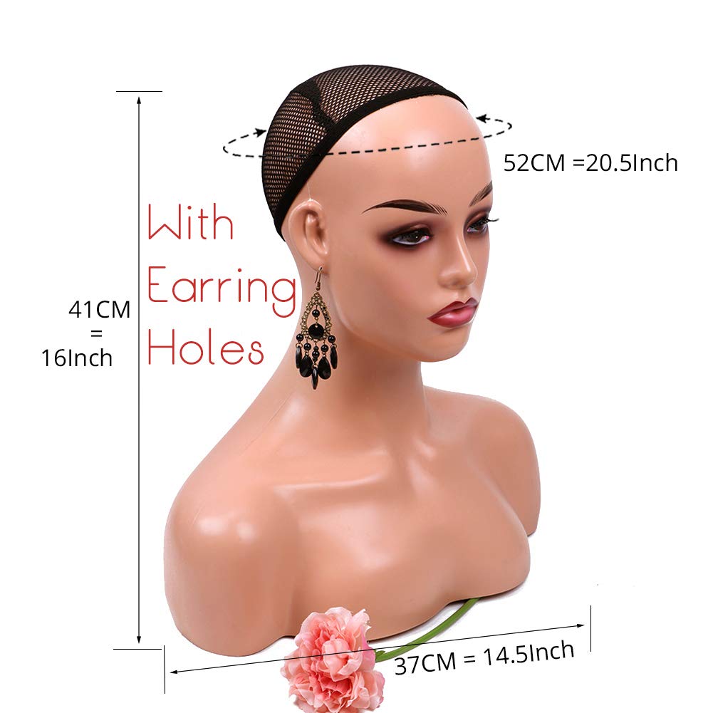 White Smoke Realistic Female Mannequin Head with Shoulder for Display - Manikin Head with Shoulder for Wig/Jewelry/Makeup/Hat/Sunglass Display (Light Brown)