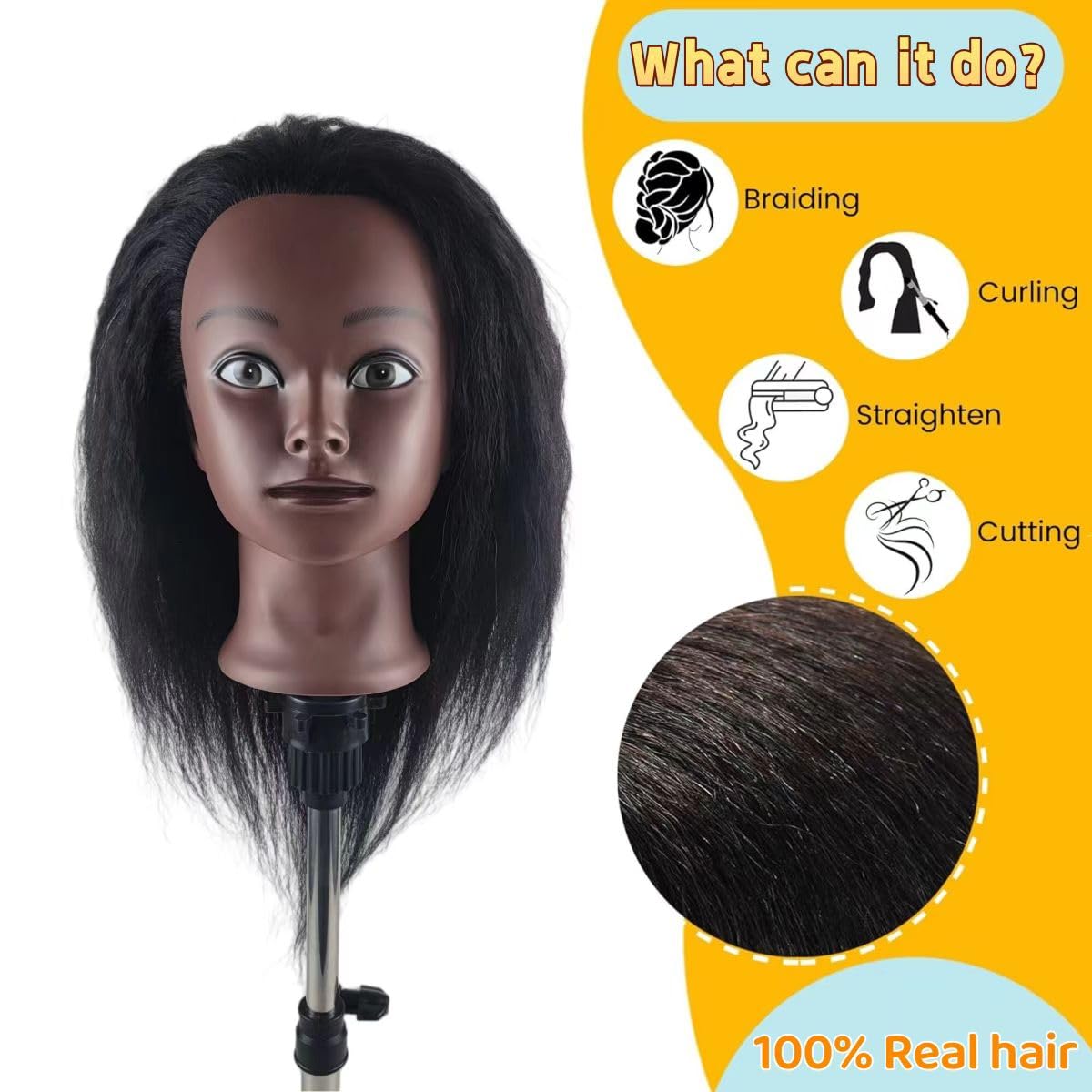 White Smoke Czrleaty African Mannequin Head for Braiding - Manicans Full Head Real Hair, 16 inch Cosmetology Manikin Doll Head for Kids Hair Styling Practice
