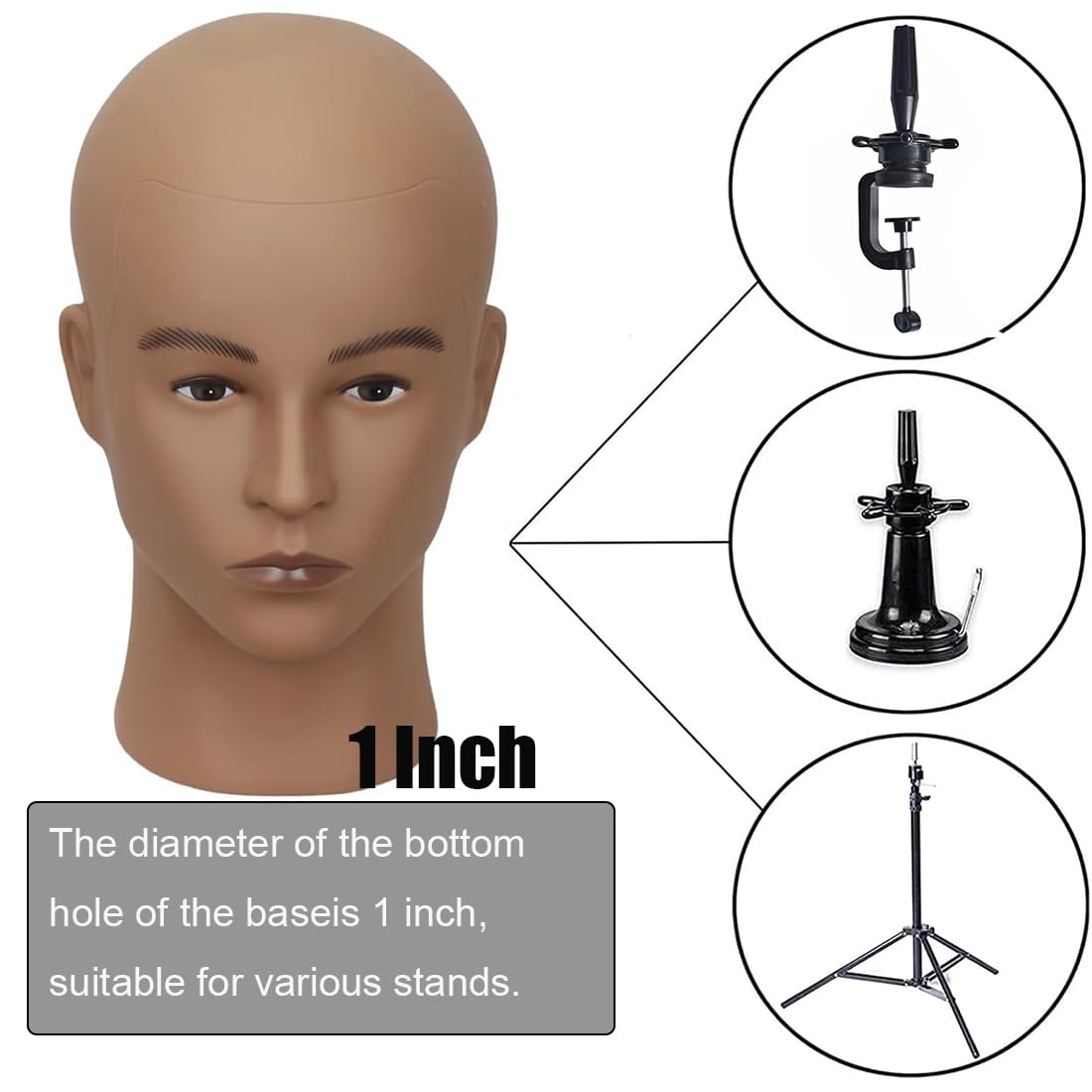 White Smoke HAIRWAY Male Mannequin Head Stand Professional Cosmetology Mannequin Head Bald Training Wigs Head Stand for Wigs Making and Display with Free T-pins (Brown)
