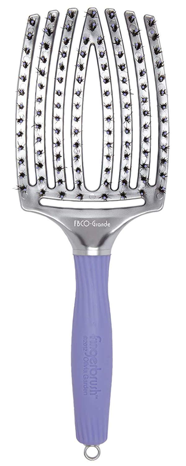White Smoke Olivia Garden Fingerbrush Combo Curved and Vented Paddle Brush for Blow Drying - Ionic and 100% Boar Bristles - For All Hair Types, Grande
