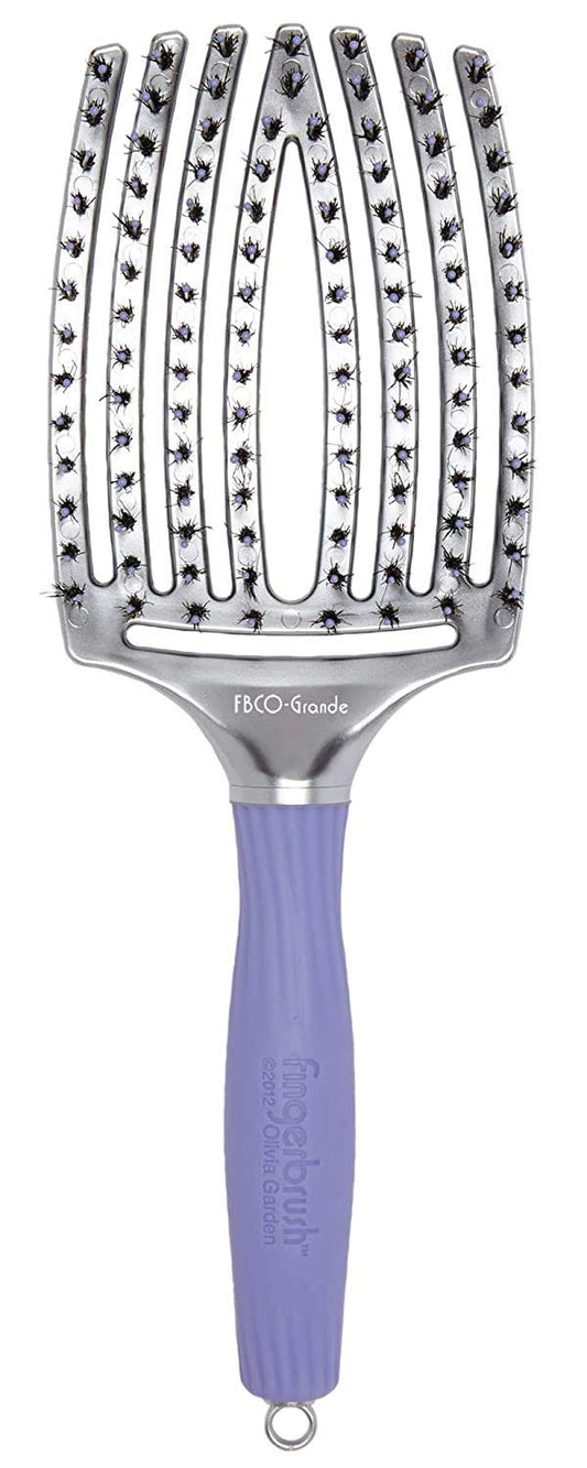White Smoke Olivia Garden Fingerbrush Combo Curved and Vented Paddle Brush for Blow Drying - Ionic and 100% Boar Bristles - For All Hair Types, Grande