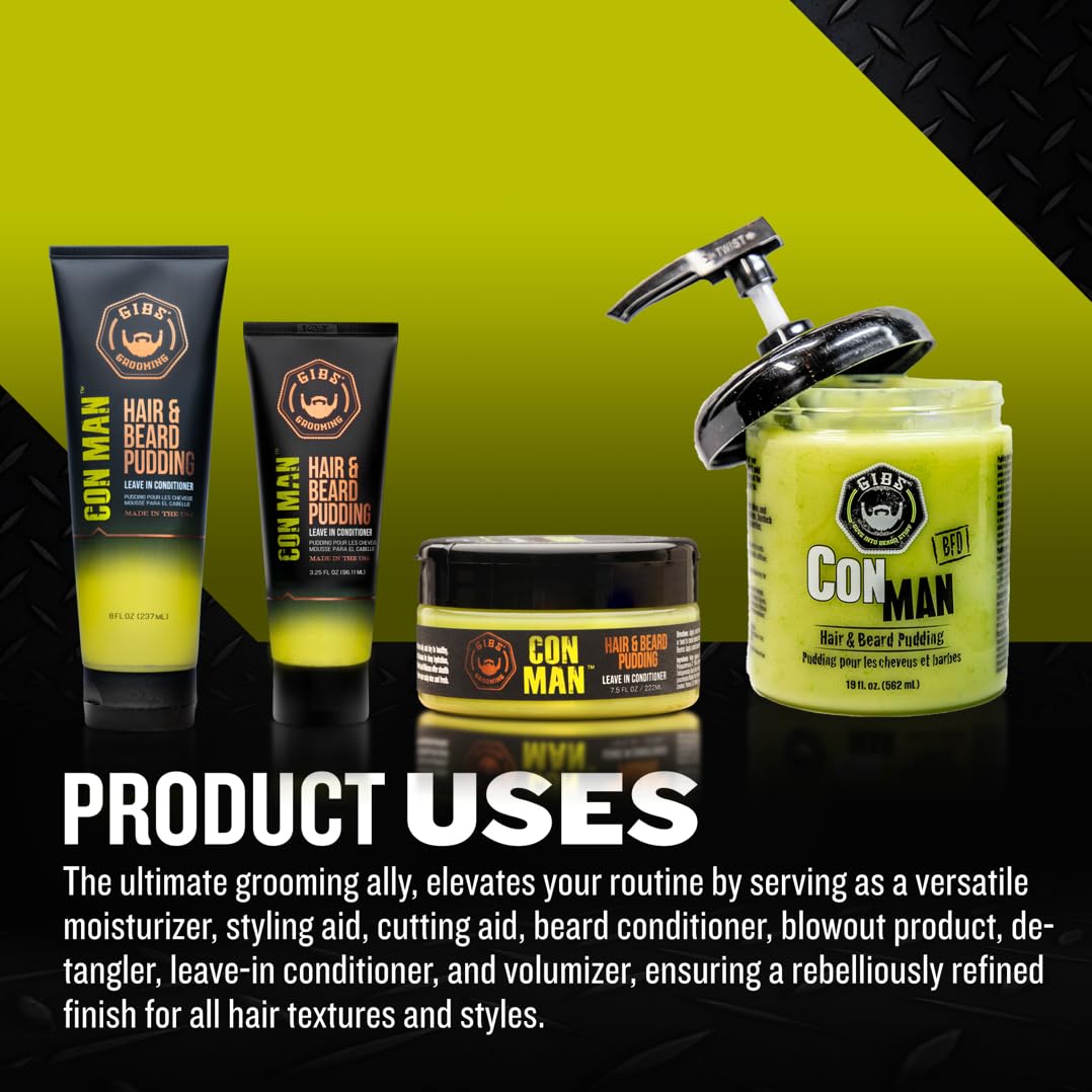Black GIBS Grooming Con Man Hair & Beard Pudding (3.25 oz) Men's Leave In Conditioner - Daily Moisturizer & Styling Aide - Lightweight - Sensitive Skin - All Hair Types – Castor Oil & Hibiscus - Made in USA