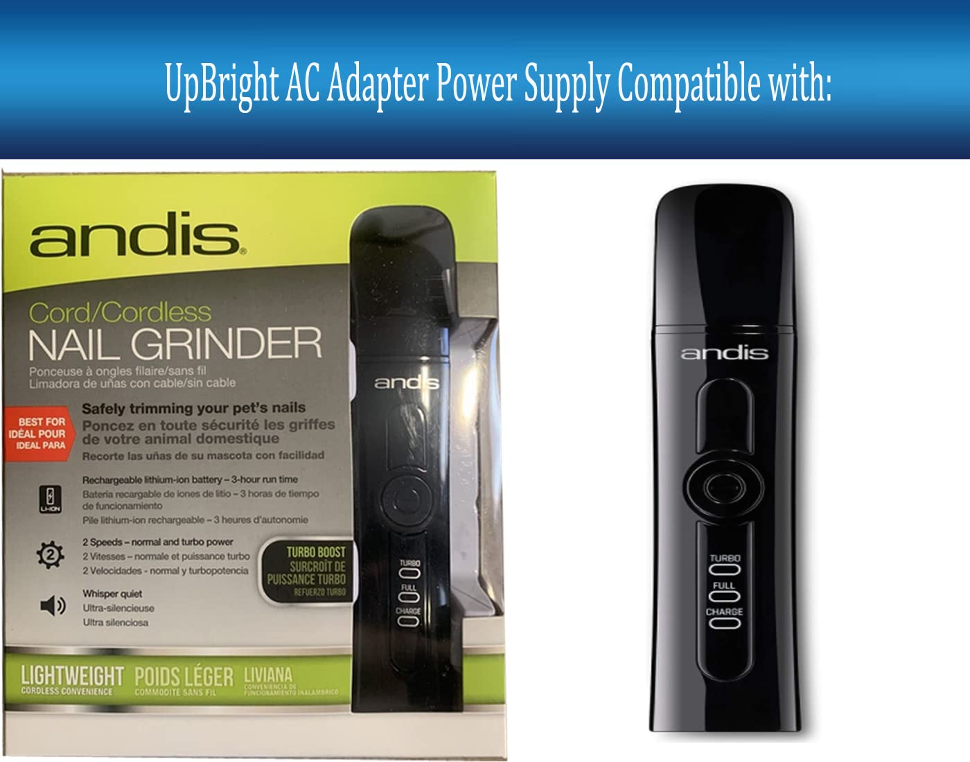 White Smoke UpBright 2Pin 5V AC/DC Adapter Compatible with Andis CNG-1 Article# 65915 Cord/Cordless Animal Cat Dog Pet Nail Grinder AN65915 Groomers Rechargeable E-TEK ZDJ050100US Lithium-ion Battery Charger 5VDC