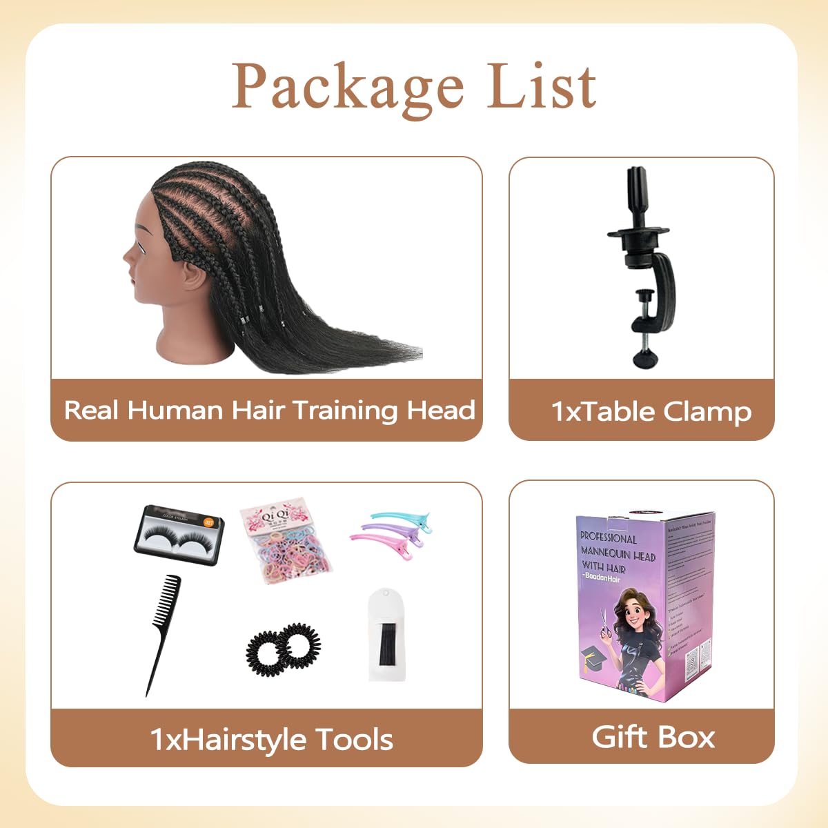 White Smoke Mannequin Head with 100% Real Human Hair, Cosmetology Training Head for Hair Styling Braiding Cutting Curling, Professional Hairdresser Practice Manikin Head with Free Clamp (A01-Black-16)