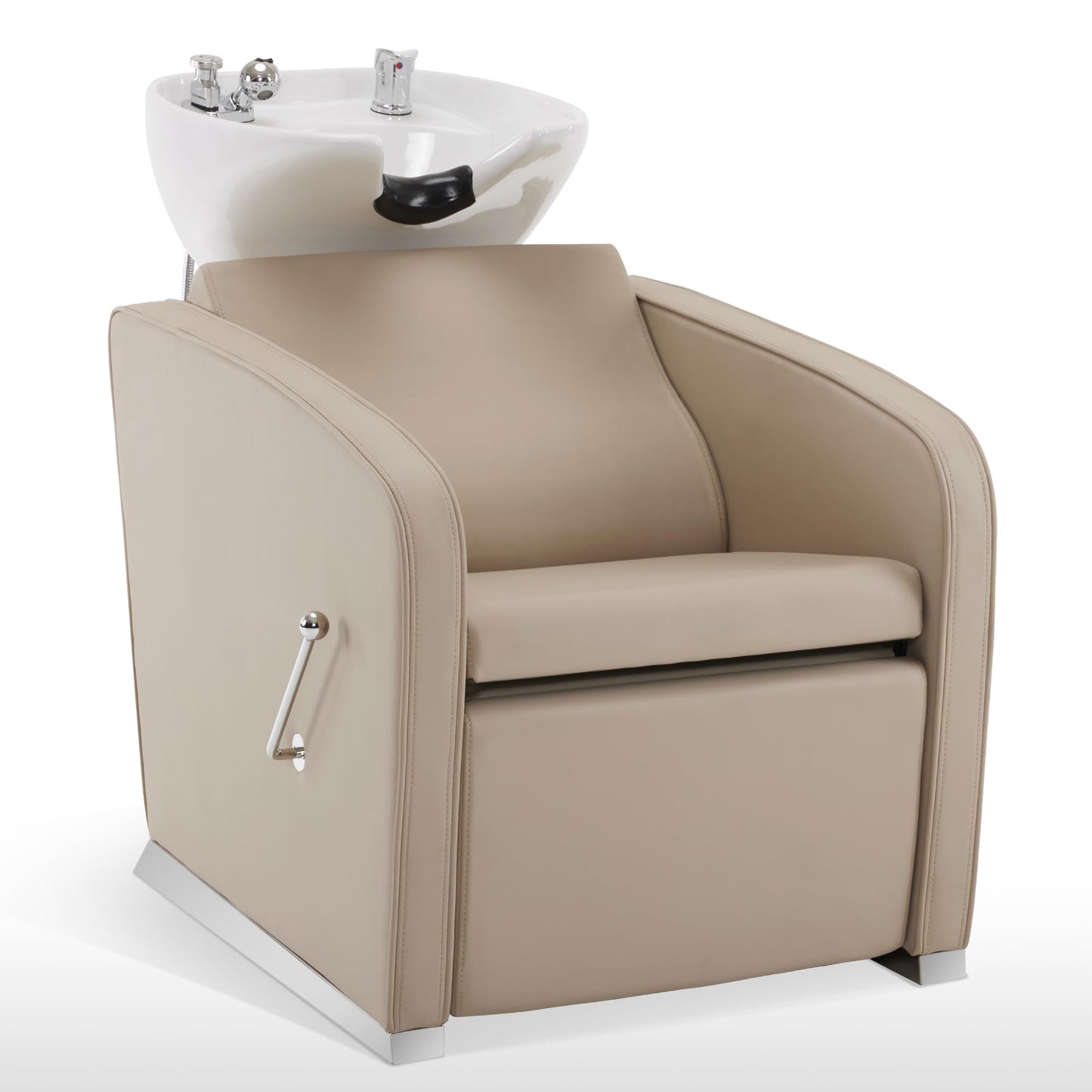 White Smoke BarberPub Backwash Shampoo Station Chair, Adjustable Porcelain Ceramic Hair Wash Bowl Sink Unit Station, Reclining Shampoo Station Chair for Spa Beauty Salon Hair Salon Equipment 9303 (Beige)