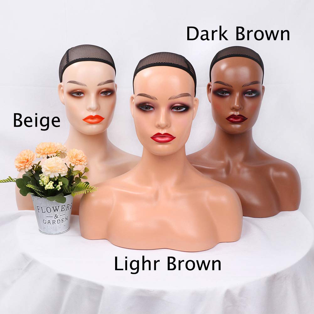 Lavender Realistic Female Mannequin Head with Shoulder for Display - Manikin Head with Shoulder for Wig/Jewelry/Makeup/Hat/Sunglass Display (Light Brown)