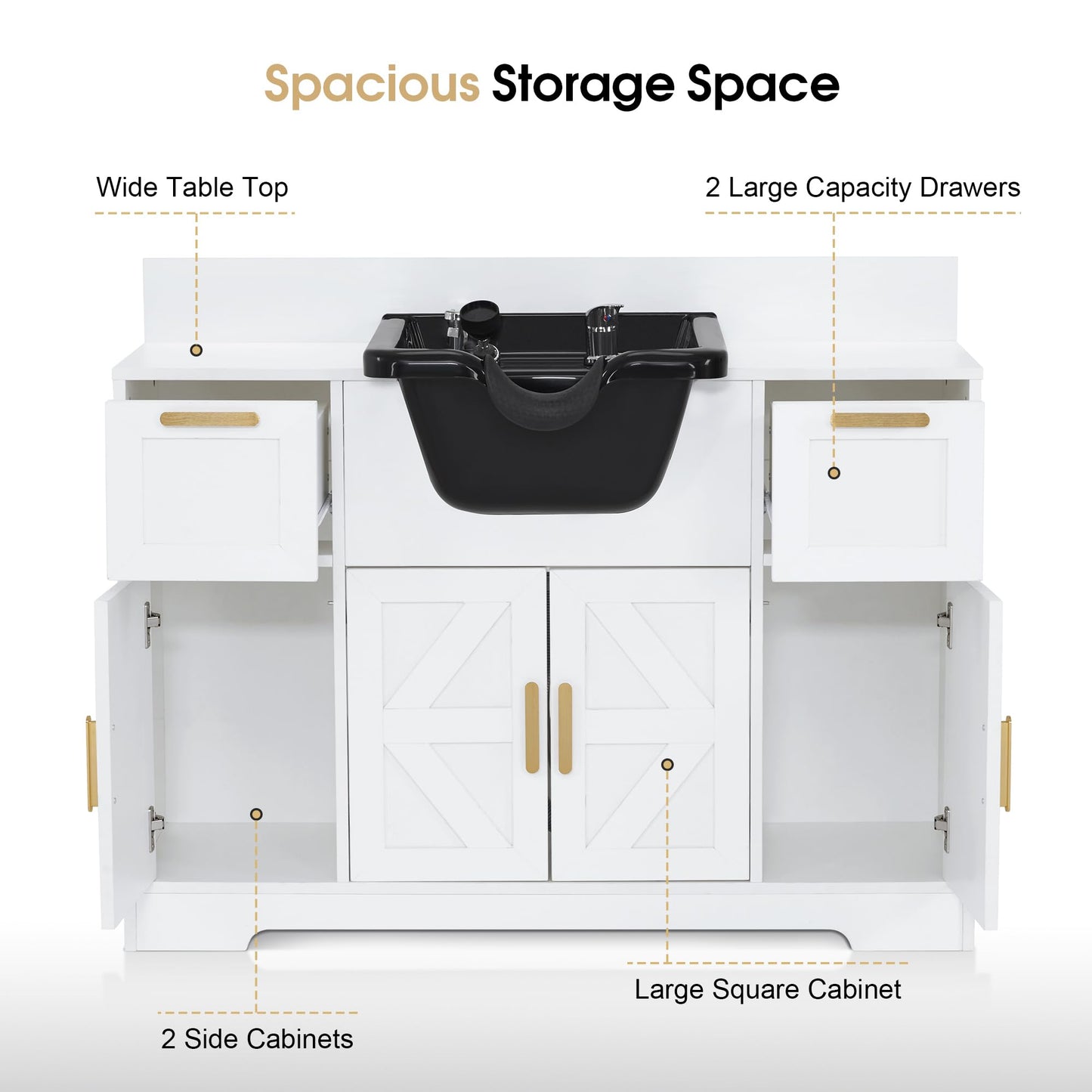 White Smoke BarberPub Portable Shampoo Station, Shampoo Bowl with Cabinet & Drawer, Salon Geometric Finish Station with Sprayer Faucet, Barber Storage Equipment with Hair Wash Backwash Sink 3439 (White & Black)
