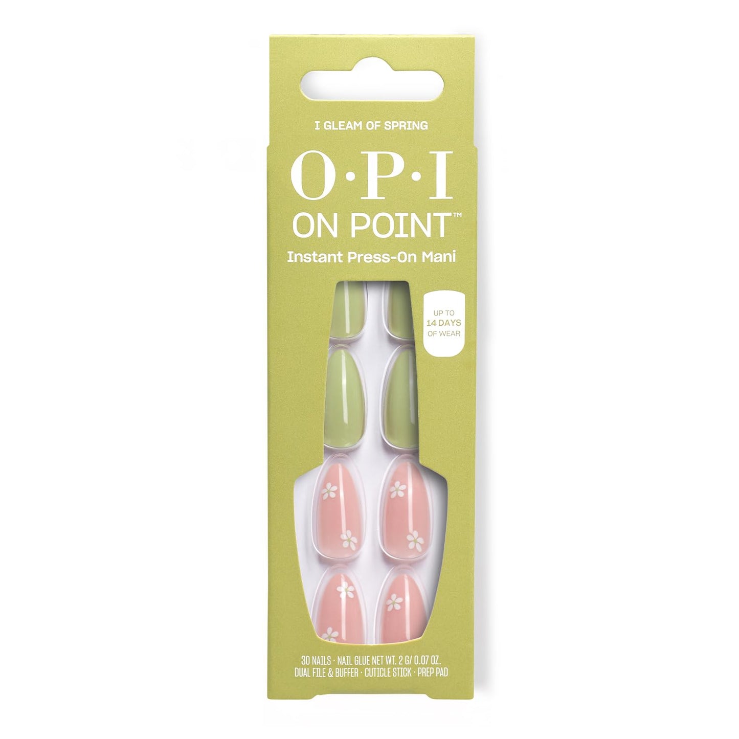 Dark Khaki OPI On Point I Gleam of Spring | Long Almond Pastel Green & Pink Floral Nail Art Press On Nails | 30 Count with Nail Glue | Long Lasting, Reusable, Non-damaging