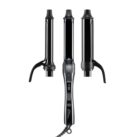 White Smoke Paul Mitchell Clipped 3-in-1 Ceramic Interchangeable Curling Iron, 3 Clip Barrels for Multiple Hairstyles