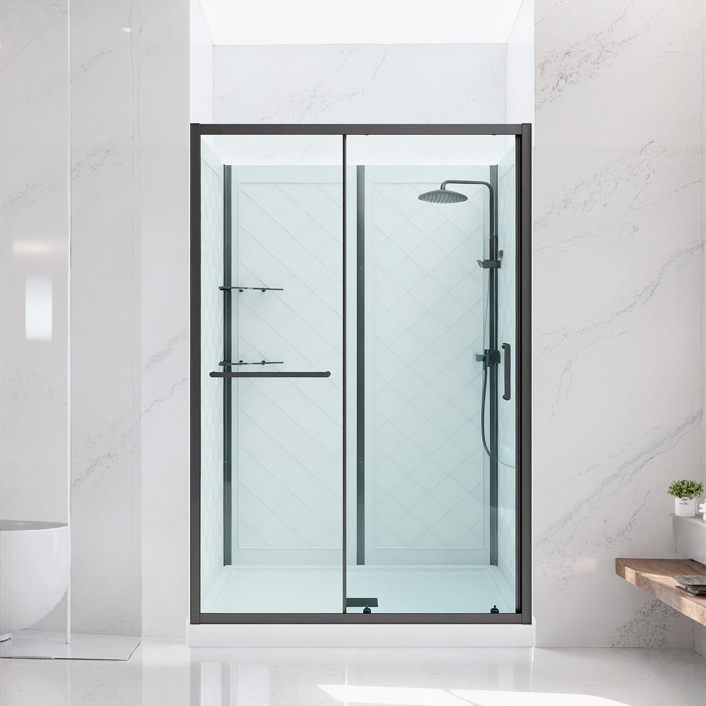 Gray VEVOR Shower Enclosure, 36 in. D x 48 in. W x 79.1 in. H, Framed Sliding Shower Door with 1/4 in. Clear Tempered Glass, Complete Bathroom Alcove Stall with Non-Slip Base Kit & Triple-Sided Wall Panels