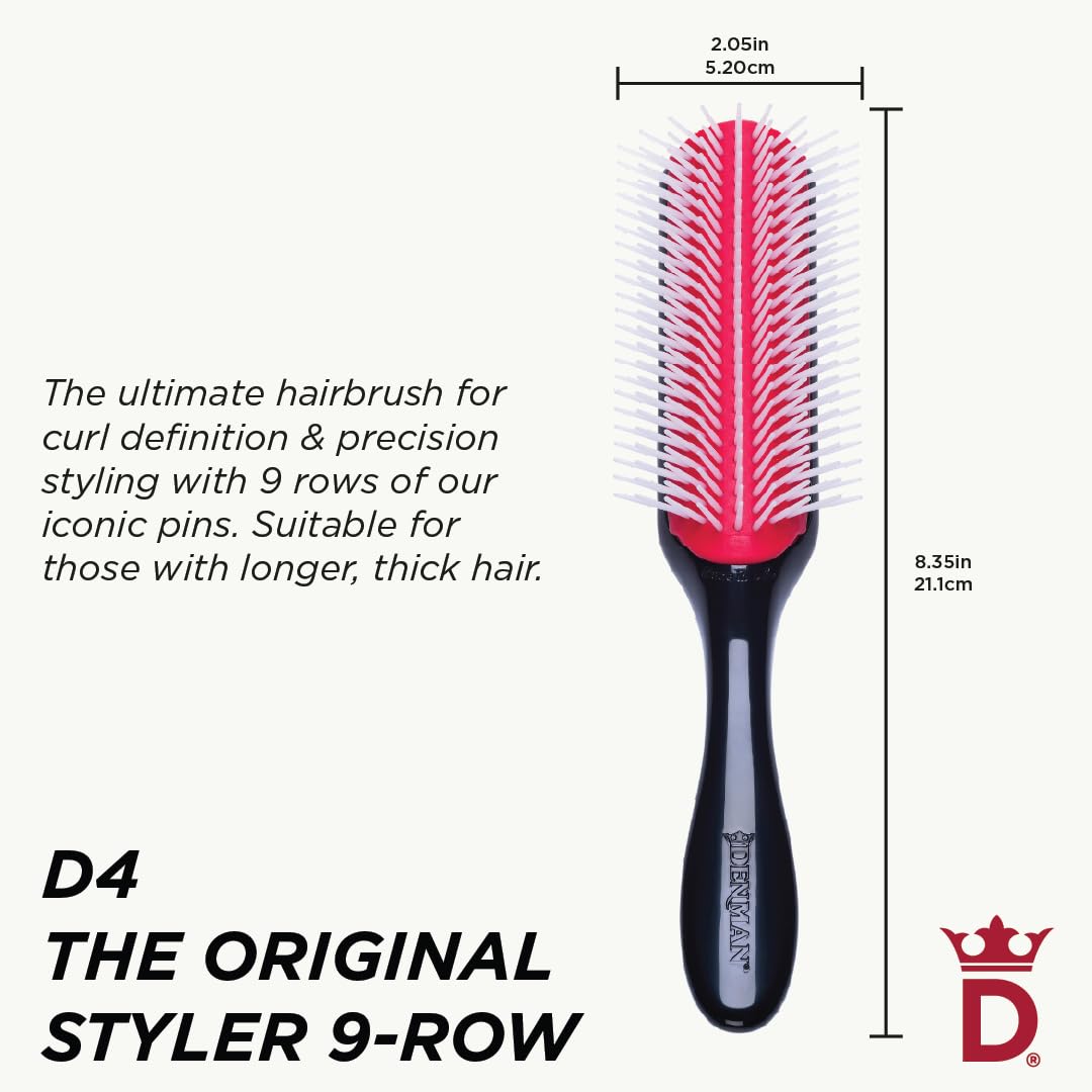 White Smoke Denman D4 Original Curl Definer & Styler, Curly Hair Brush for Women & Men – 9 Row Detangling & Curl Defining Brush for Smooth Defined Curls - a Precision Styling Brush for straight hair