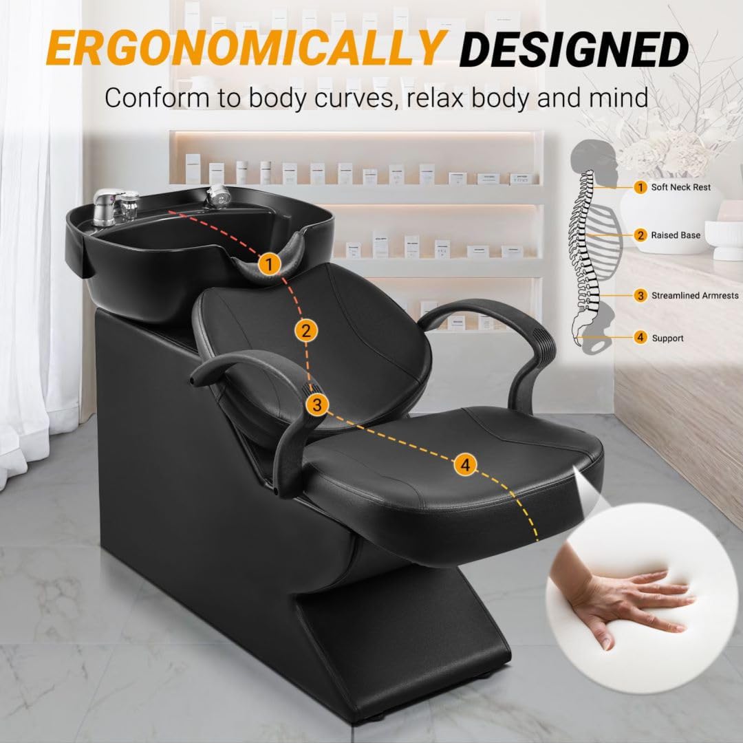 Dark Gray Seogwisam Shampoo Bowl and Chair Set for Salon, Backwash Barber Chair,ABS Plastic Shampoo Bowl Sink Unit w/Storage Box for Beauty Spa Barbershop
