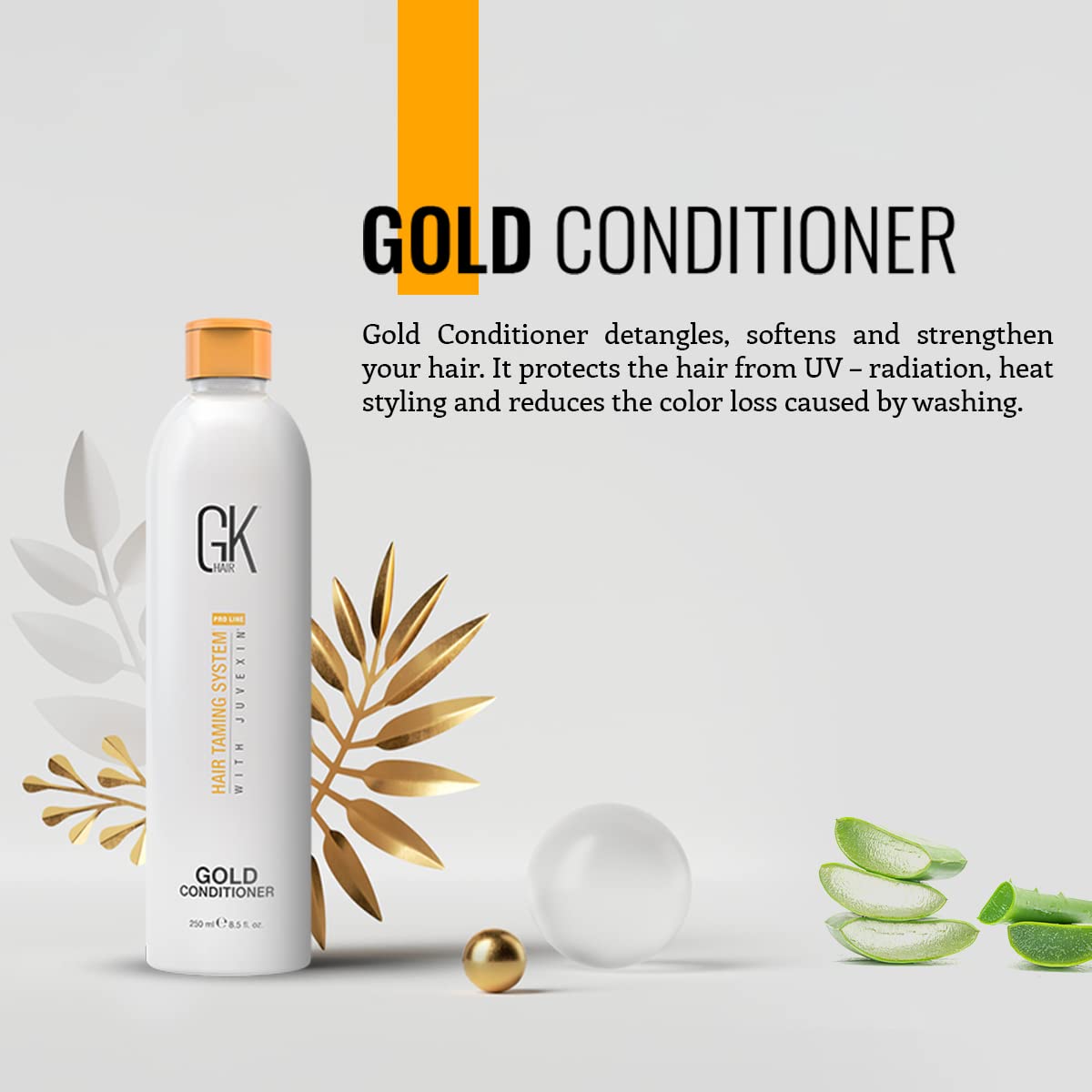 Light Gray GK HAIR Global Keratin Gold Conditioner (8.5 Fl Oz/250ml) Hair Moisturizing Shine and Protection With Argan Oil, Shea Butter, Natural Oils All Hair Types