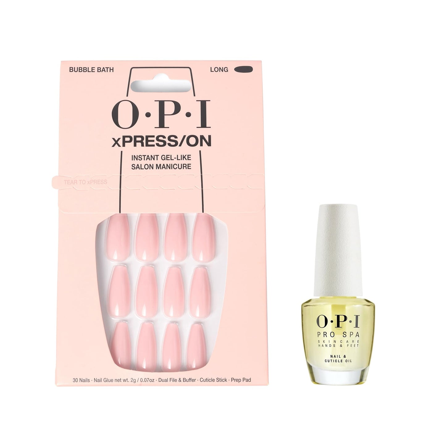 White Smoke Bundle of OPI xPress/On Press On Nails, With Nail Glue, Long Neutral Coffin Shape Nails, Bubble Bath + OPI ProSpa Nail and Cuticle Oil, 0.5 fl oz