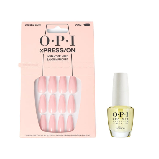 White Smoke Bundle of OPI xPress/On Press On Nails, With Nail Glue, Long Neutral Coffin Shape Nails, Bubble Bath + OPI ProSpa Nail and Cuticle Oil, 0.5 fl oz