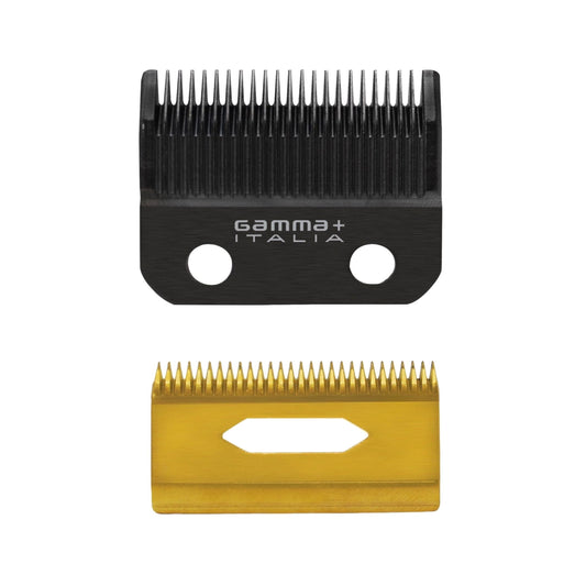 Dark Slate Gray GAMMA+ Replacement Fixed Black Diamond Carbon DLC Taper Hair Clipper Blade with Moving Gold Titanium Deep Tooth Cutter Set