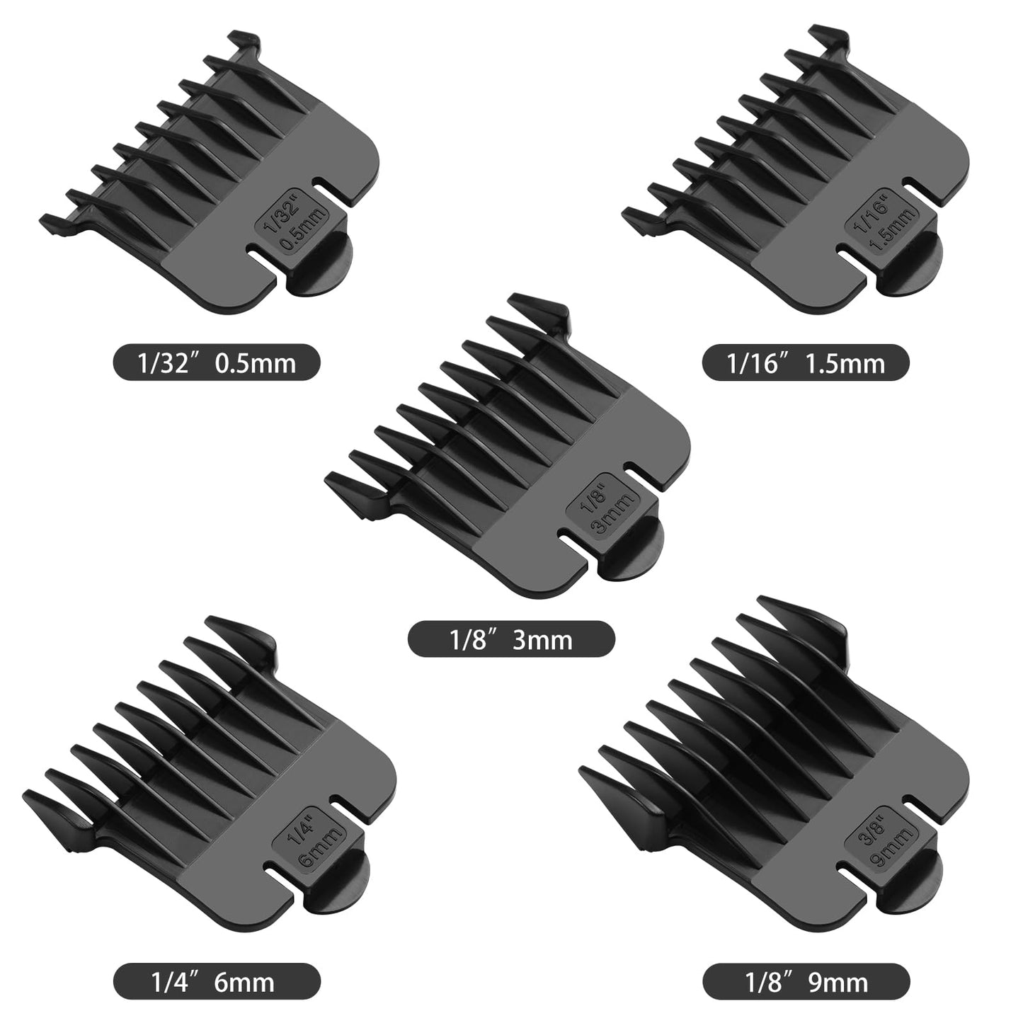 White Smoke 5 Pack T Outliners Guards Fit for Andis T Outliner Trimmer, Replacement Trimmer Guards Cutting Lengths from 1/32"-3/8" Inch Fit Andis T Outliner #04710#04521 Blade Snap-on Attachment Combs Set, Black