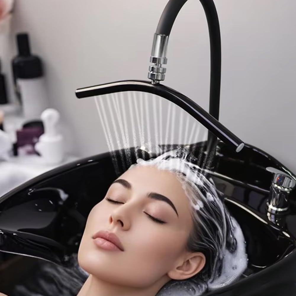 Gray Hair Washing Equipment with Faucet for Baber Shop, Hair Salon Tools for Waterfall Outlet, Shampoo Bowl Accessories, Scalp Massag，Adjustable and Flexible, Black