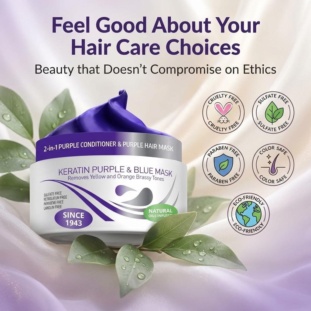 Light Gray VITAMINS hair cosmetics Keratin Purple Hair Mask - Blue Hair Mask Deep Conditioner Treatment - Blonde Toner to Neutralize Brassiness in Brassy Blonde, Silver, White, Gray & Brown Locks