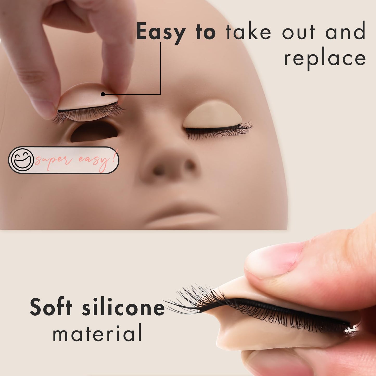Antique White Embagol Lash Mannequin Head for Eyelash Extensions with 2 Layers Replaced Eyelids Double Layer Replacement Eyelids for Lash Practicing and Training Lash Supplies (1 Head +3 Pairs Eyelids)
