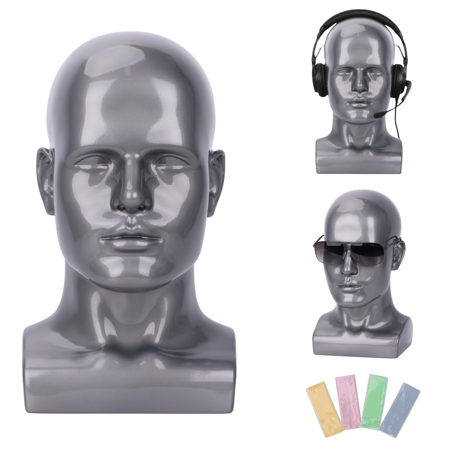 White Smoke lightmay Male Mannequin Head – 13.7” Silver Gray Wig Stand for Hats, Wigs, Headphone, Glasses – Great for Styling, Display & Storage (Bright Gray, 13.7)
