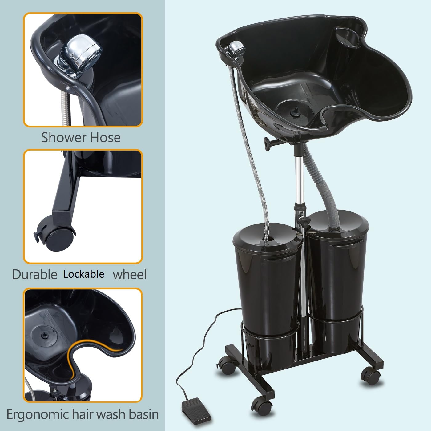 Alice Blue Portable Shampoo Bowl with Electric Pump (Pack of 1) | Adjustable Basin Height, Dual-Bucket Design with Drain Hoses | Home & Barber Use |