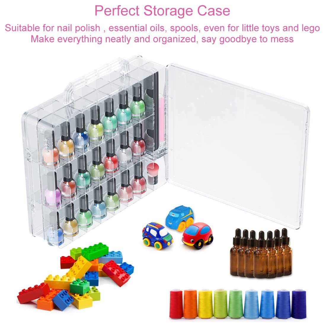 White Smoke JIASHENG Nail Polish Organizer Case for 48 Bottles, Gel Nail Polish Storage Holder Double Side Adjustable Space Divider for Acrylic Nail Gel Dip Powder Tips Set with Two Toe Separator