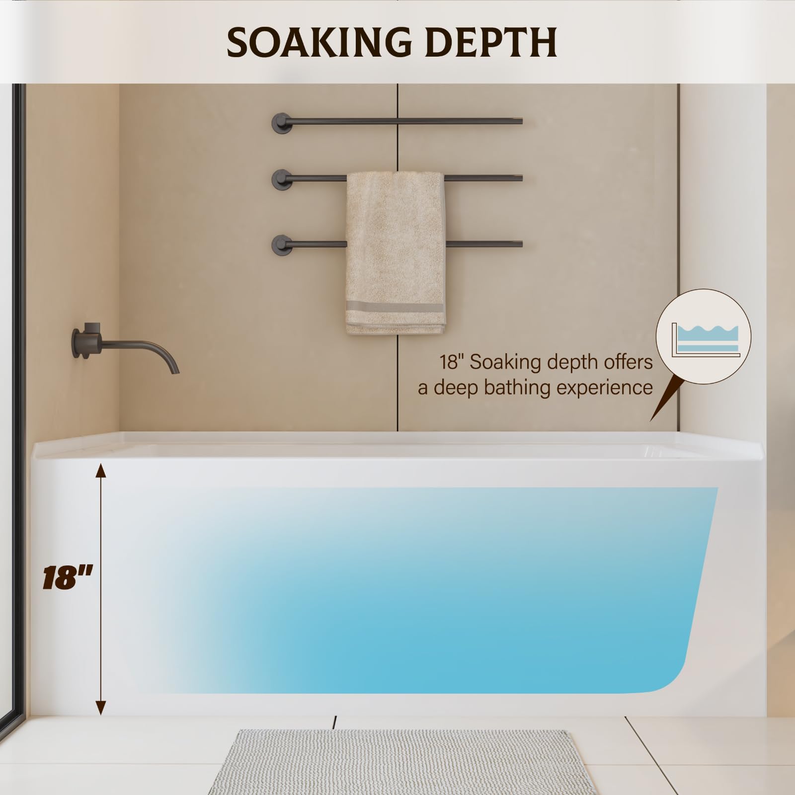 Dark Gray Garvee 60 x 32 Inch Acrylic Alcove Bathtub, Deep Soaking Tub with Drain and Overflow, Single Apron Alcove for Modern Bathrooms