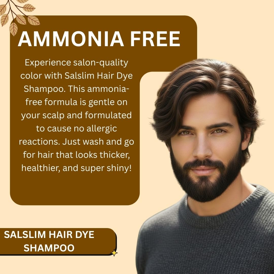 Bisque SALSLIM Hair Dye Shampoo – 7-in-1 Instant Natural Dark Brown Color in Minutes, Herbal Hair Coloring Shampoo for Gray Coverage, Long Lasting, Easy to Use for Men – 30+ Days (DARK BROWN)