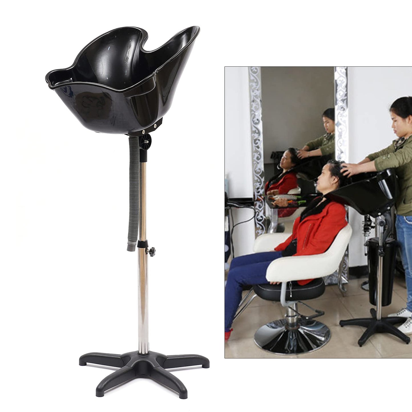 White Smoke Height Adjustable Portable Salon Deep Shampoo Basin Sink Hair Treatment Bowl with Drain Hose, 37.01-48.03 inch, Hair Treatment Barber Bowl Tool for Home Barber Shop Beauty Salon Spa Equipment