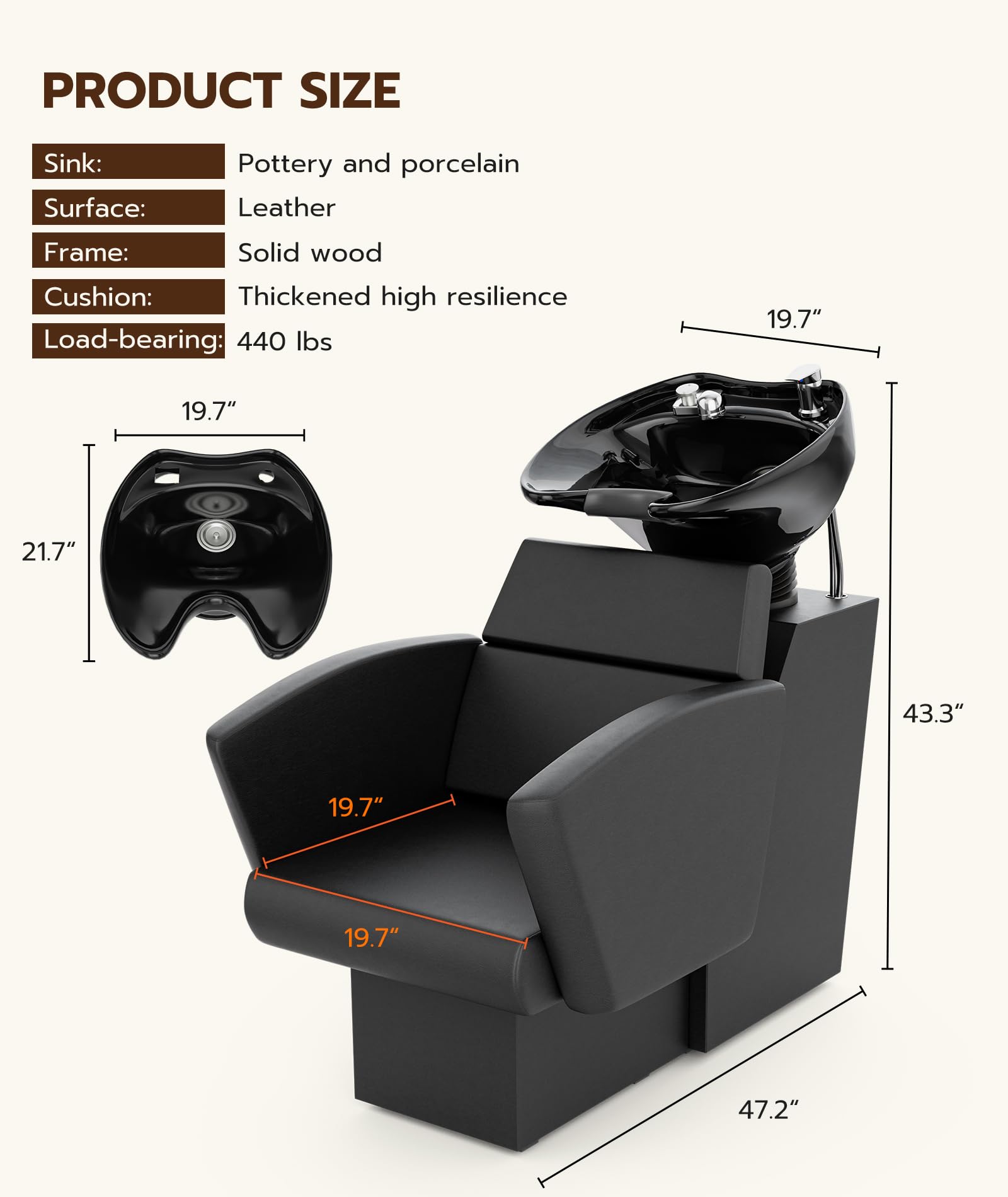 White Smoke Icoget Shampoo Bowl and Chair Set for Salon, Deep Porcelain Tilting Salon Sinks for Hair Stylist, Backwash Shampoo Stations for Barber,Home, Black