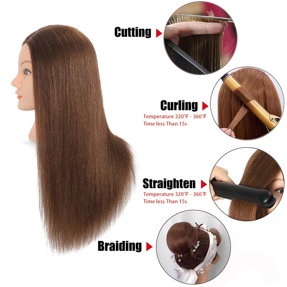 White Smoke Opini Mannequin Head with 100% Real Human Hair Cosmetology Mannequin Head to Practice Hairstyles Doll Head Training Head for Hairdresser (Brown)