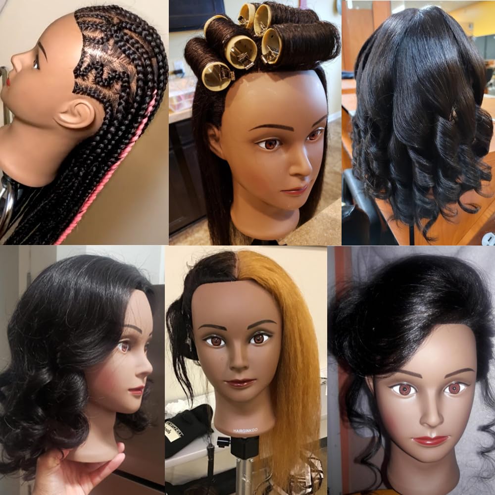 Black Hairginkgo Mannequin Head - 100% Real Hair Manikin for Hairdresser Training and Styling Practice - With Clamp Stand (1711B0216)