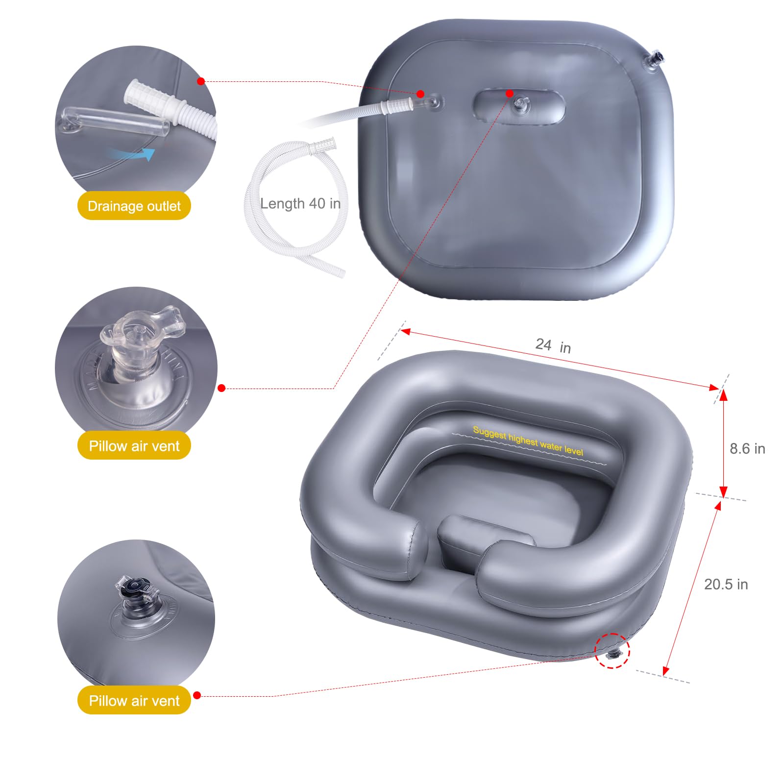 White Smoke Inflatable Shampoo Basin for Bedridden and Disabled,Portable Shampoo Bowl for Injured, Hair Washing Basin for Childred,Pregnant Woman,Easy Hair Washing at Home (Silvery)