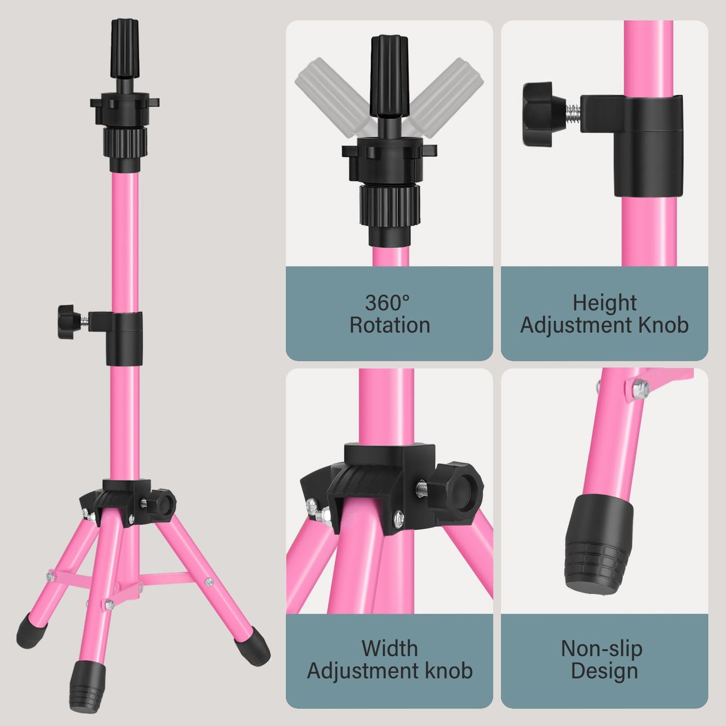 Light Gray AliLeader 25 Inch Mannequin Head Stand Tripod for Mannequin Head Wig Stand Tripod Wig Head Stand for Training Heads and Canvas Block Head (Mannequin Head Not Included,Pink)