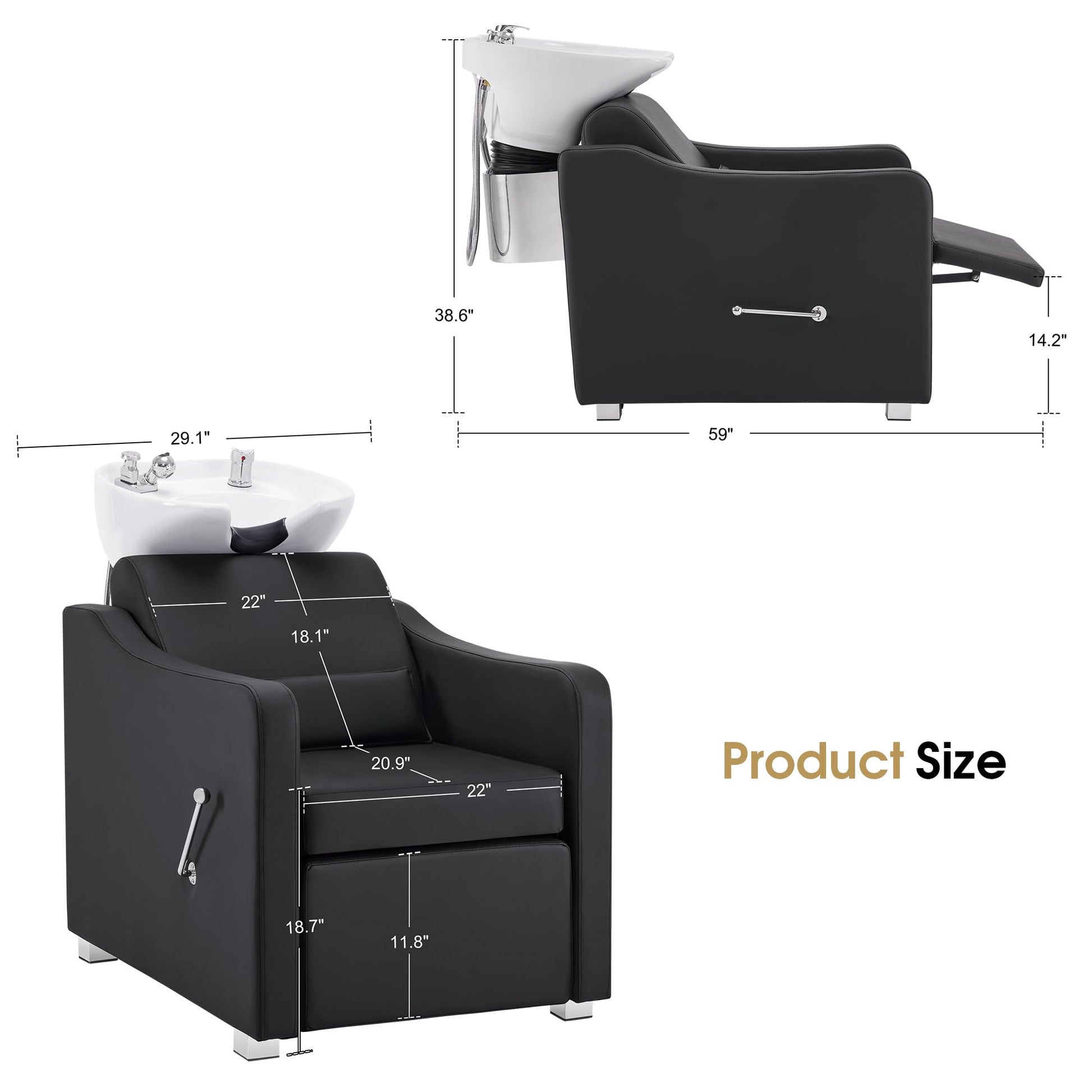 White Smoke BarberPub Backwash Shampoo Station Chair, Adjustable Porcelain Ceramic Hair Wash Bowl with Chair, Shampoo Station for Barber Shop, Spa Beauty Salon Equipment 9364 (Black)