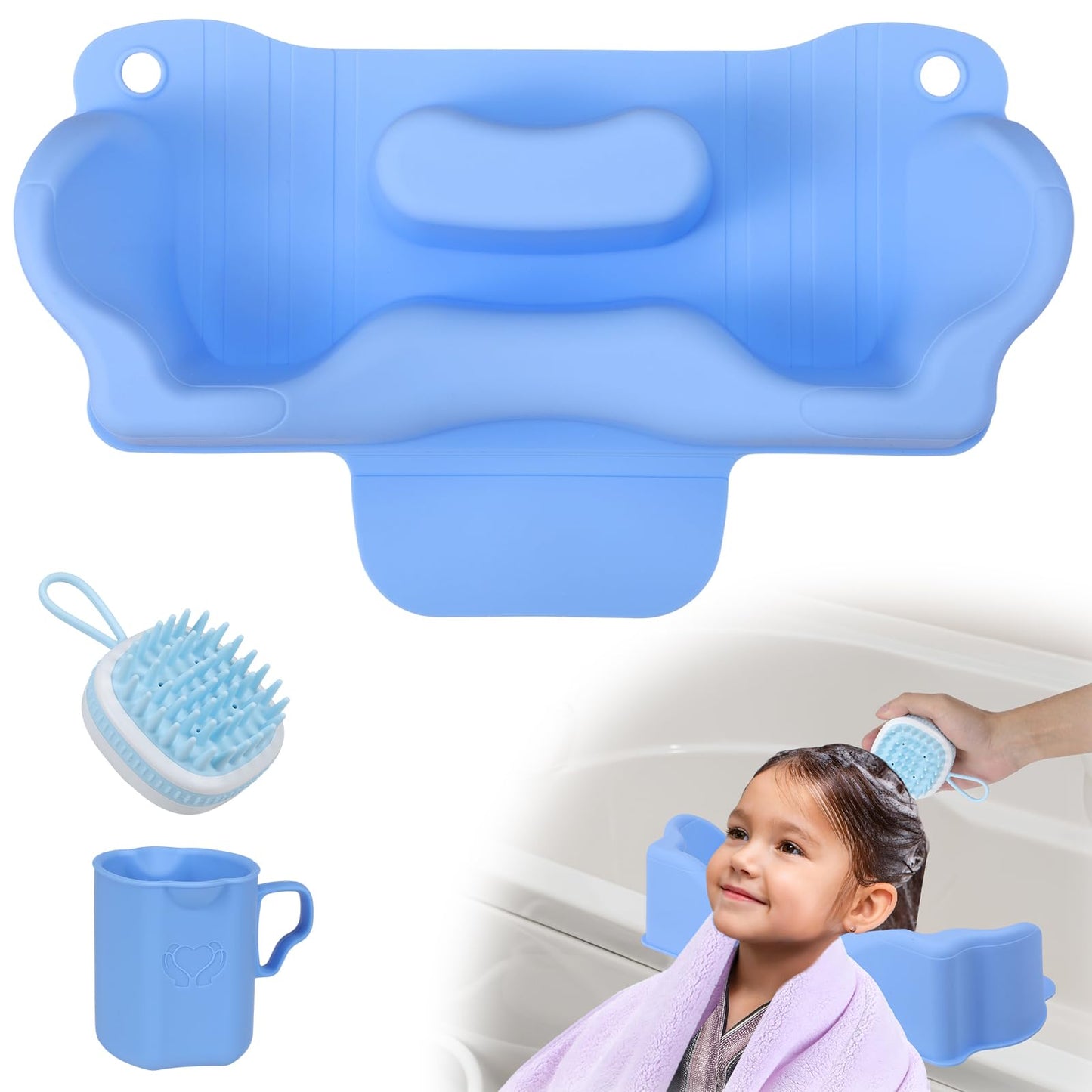 White Smoke Jhua Portable Hair Washing Station for Kids Sink Bathtub Hair Washing Basin, Silicone Tear-Free Shampoo Bowl Wash Basin with Rinser Cup, Scalp Massager, Neck Support for Children Kids Teens Seniors