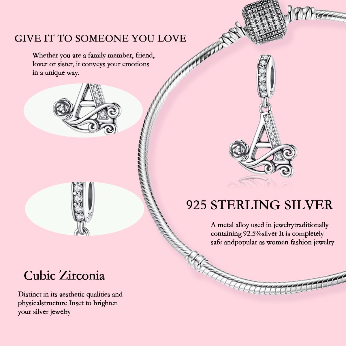 Misty Rose ChenYuTe Suitable for Pandora Bracelet Letter Charms, Romantic Rose Charms, Jewelry Gifts for Yourself, Mom, Daughter, Girlfriends