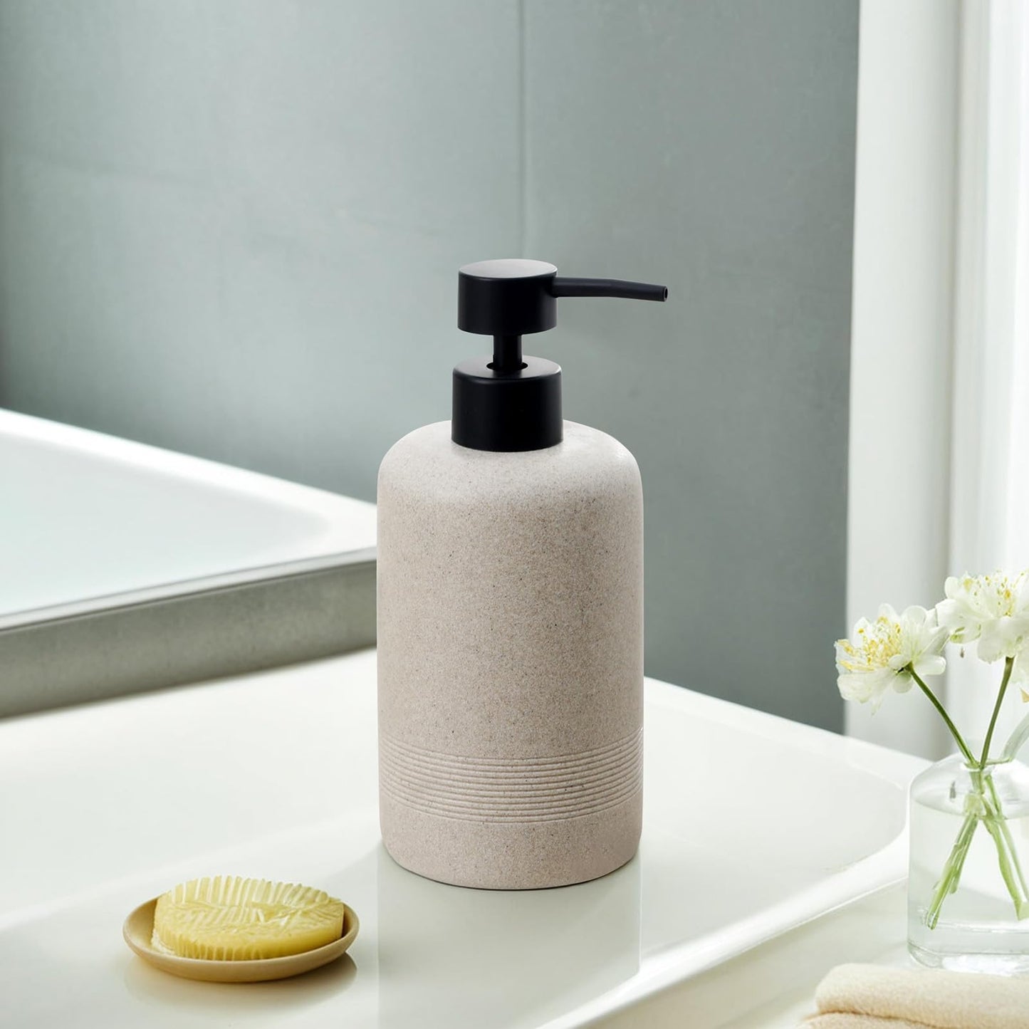 Lavender Haocoott Soap Dispensers 400ML 13OZ, 2 PCS Hand Dish Lotion Shampoo Lotion Soap Dispenser Jar, Resin Premium Thick Soap Pump Bottles for Kitchen Bathroom Countertop (Beige)