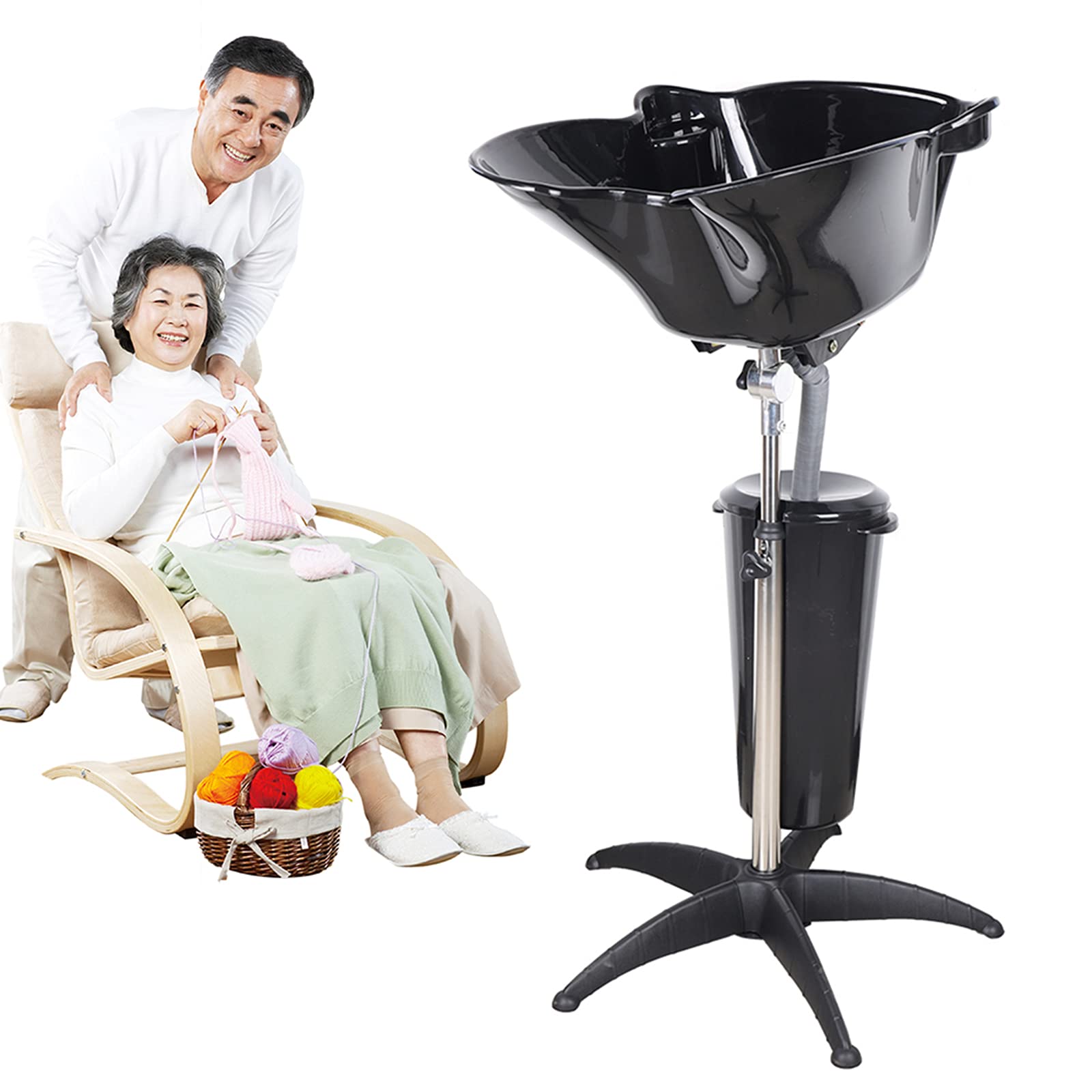White Smoke HinLIaDa Portable Shampoo Bowl, Height-Adjustable Hair Washing Sink, Salon Deep Shampoo Basin Sink for Washing Hair, Barber Salon Spa Beauty Sink Equipment Unit with Drain Pipe and Bucket (Black)