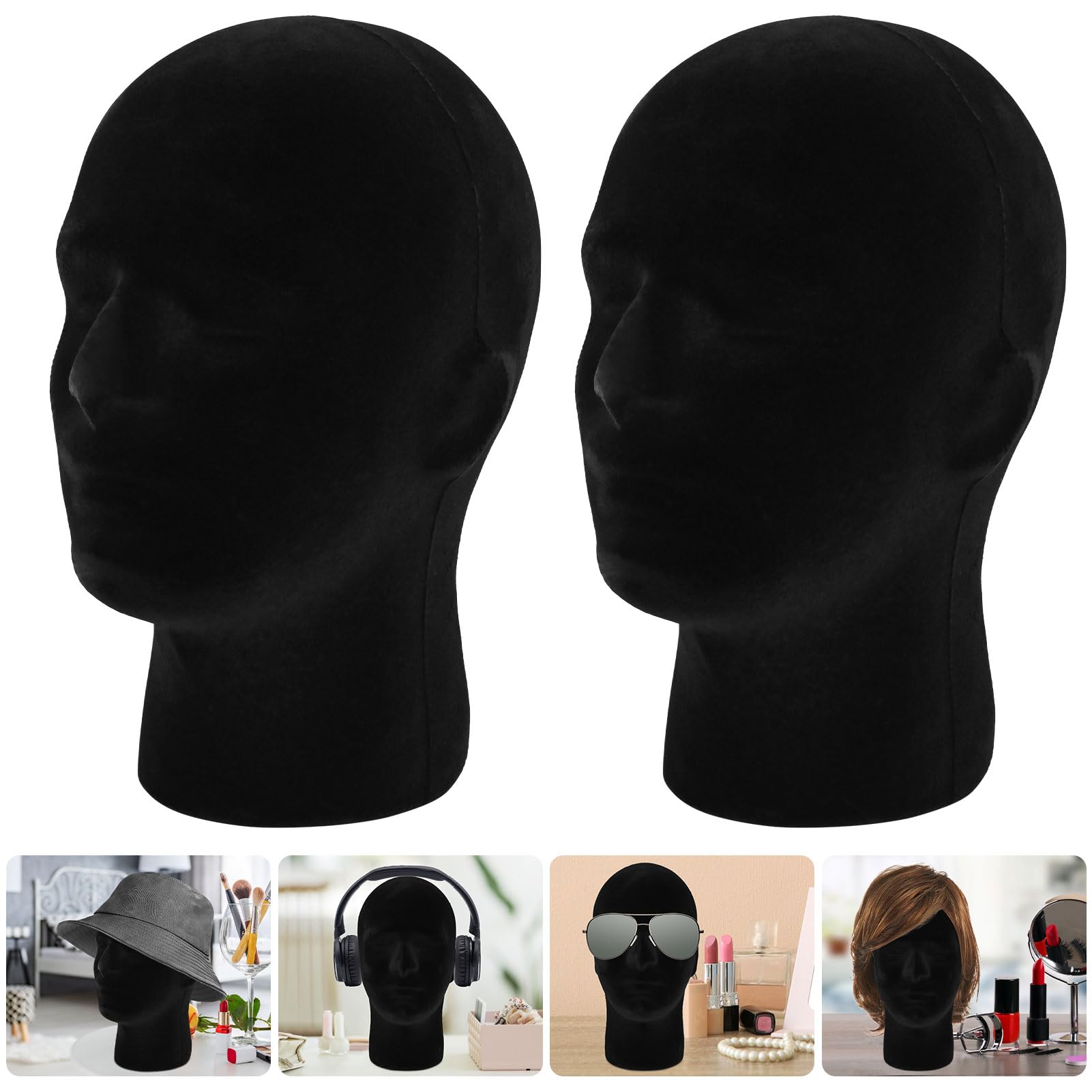 Black FJIAYU 2 Pack Black Mannequin Head Stand, Velvet Male Manikin Head Wig Stand, Foam Head for Wigs, Hats, Glasses, Masks