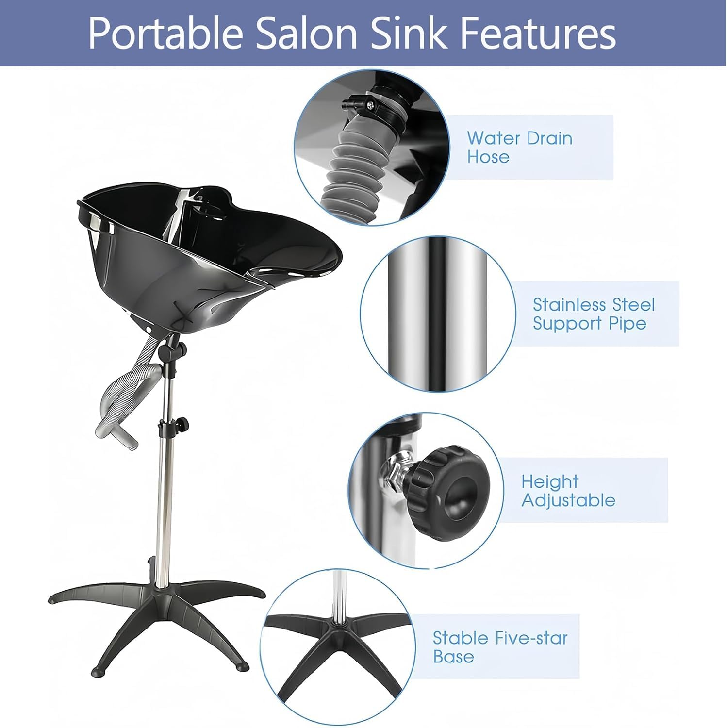 White Smoke Height Adjustable Portable Shampoo Sink with 270° Rotation, Deep Hair Washing Basin & Drain Hose for Home/Salon - Black