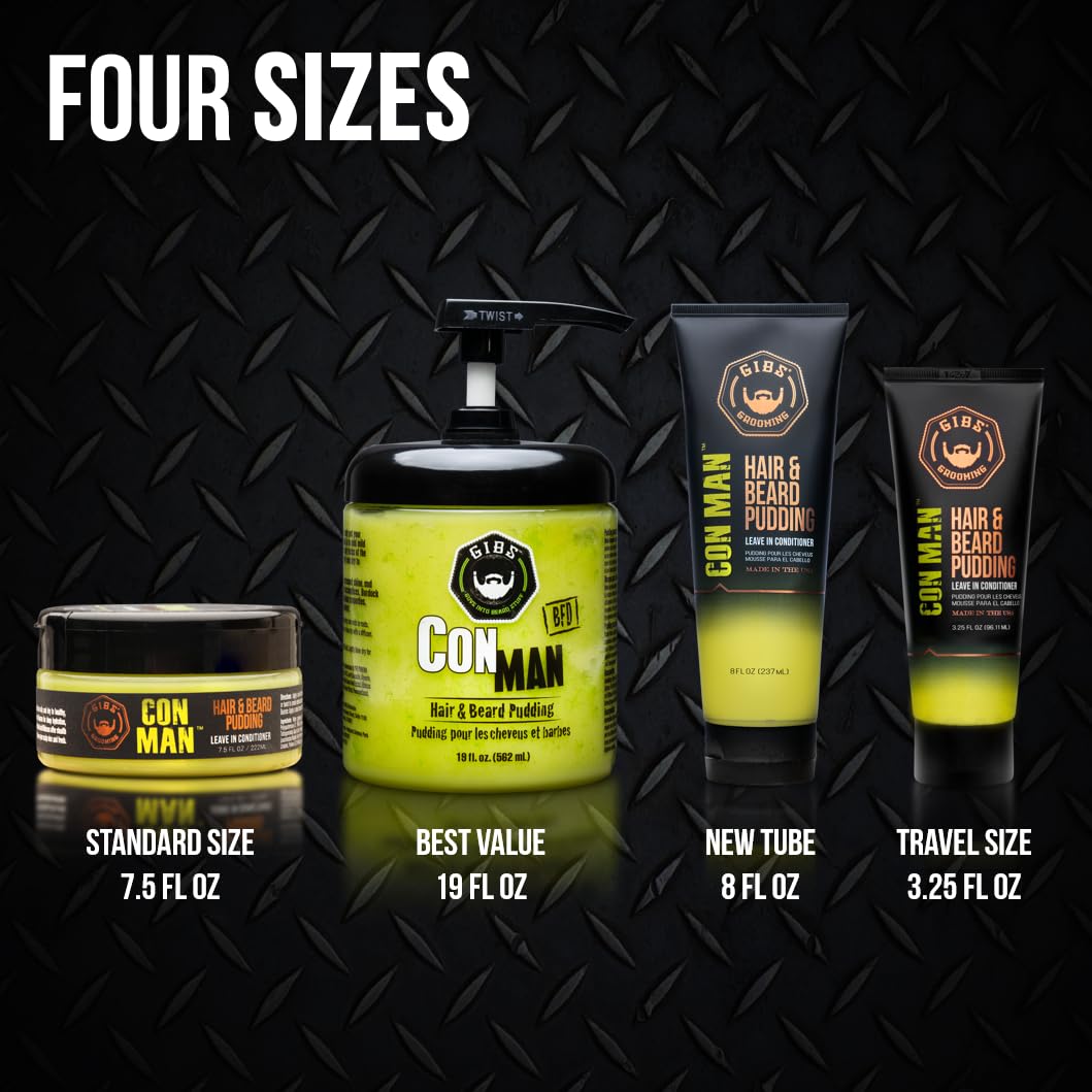 Black GIBS Grooming Con Man Hair & Beard Pudding (3.25 oz) Men's Leave In Conditioner - Daily Moisturizer & Styling Aide - Lightweight - Sensitive Skin - All Hair Types – Castor Oil & Hibiscus - Made in USA