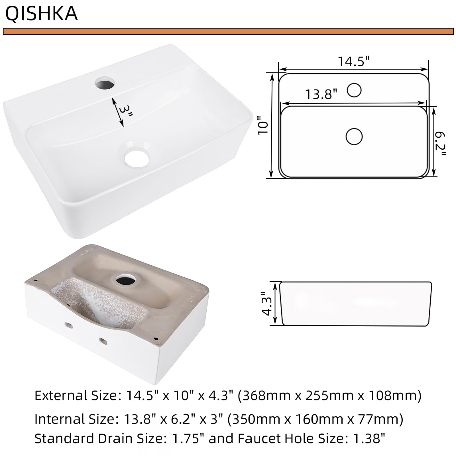 White Smoke Wall Hung Bathroom Vessel Sink, QISHKA 14.5" X 10" Rectangular Floating Ceramic Wash Hand Basin White Wall Mount Vanity Sink for Small Bathroom and Small Cloakroom