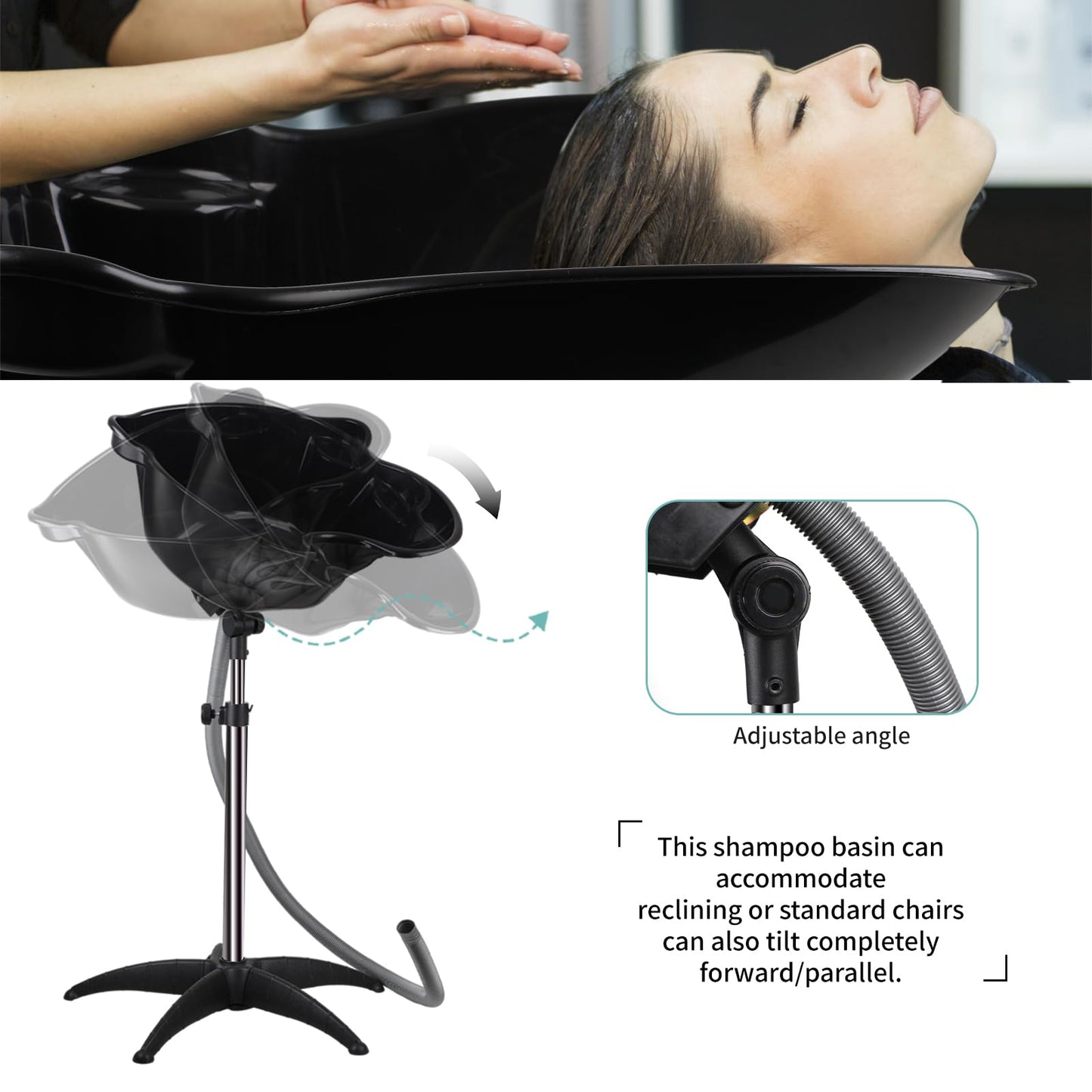 White Smoke Portable Shampoo Bowl, Shampoo Basin Salon Sink with 1.5m Drain Pipe, Height & Angle Adjustable, Standing Deep Shampoo Bowl for Home/Salon Hair Washing and Cutting, Black