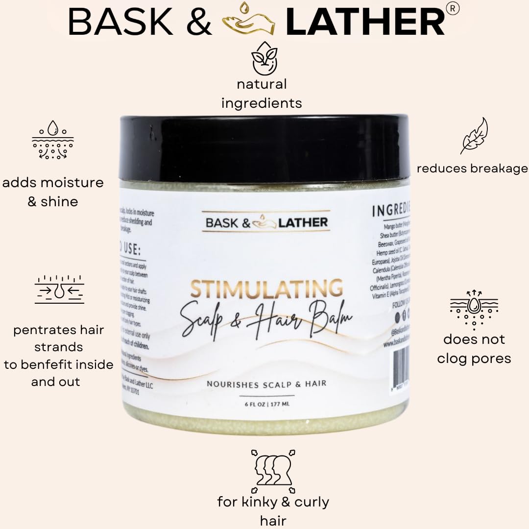 Misty Rose Bask & Lather Stimulating Scalp and Hair Balm for Hair Growth, Mango & Shea Butter, Nourishing Jojoba Oil, Peppermint & Rosemary Oil, Vitamin E, Scalp Care, Hair Care, Moisture, Shine & Strength, 6 oz